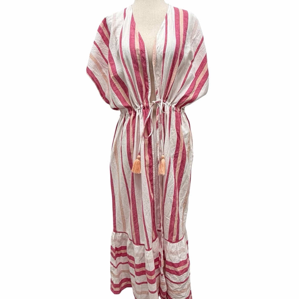Faherty Stripe Longline Duster Coverup Carmine Pink White Size One Size